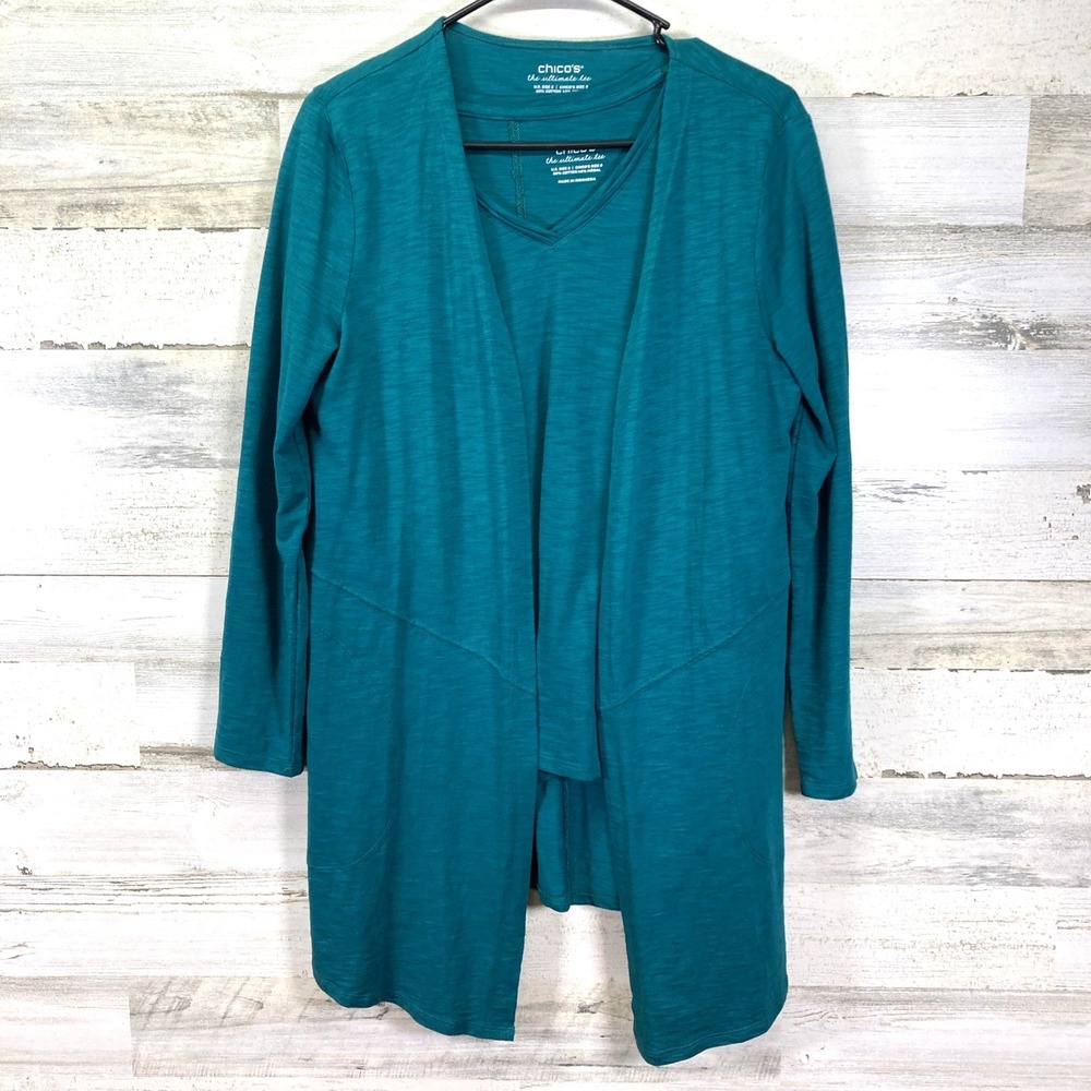 Chicos Teal Green Ultimate Tee 3/4 Slv Top & Open Front Cardigan Sweater Size S